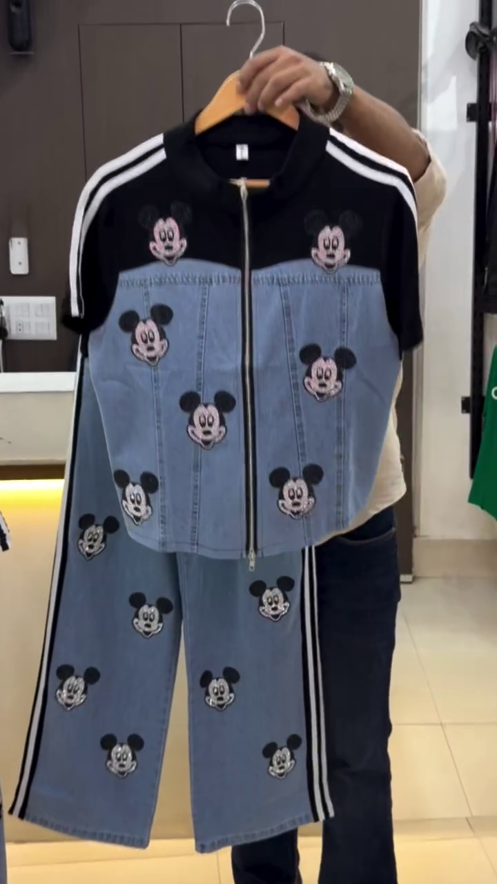 Trendy Mickey Mouse Printed Denim Co-Ord Set with Black Track Jacket and Matching Jogger Pants for a Fun Casual Look