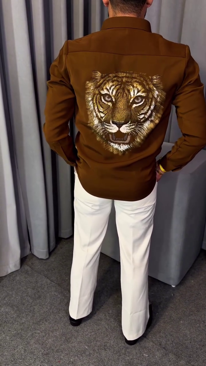 Premium Brown Polo Shirt with Striking Tiger Embroidery Design