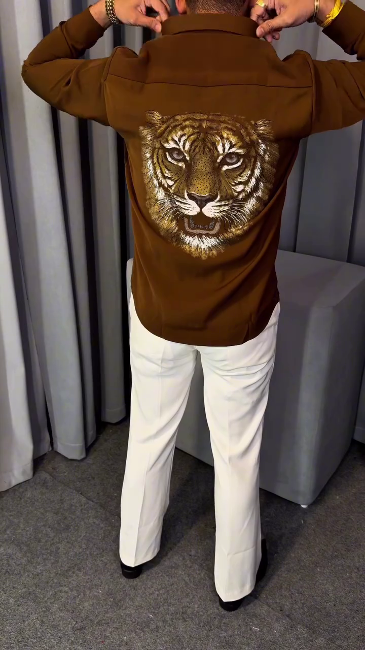Premium Brown Polo Shirt with Striking Tiger Embroidery Design