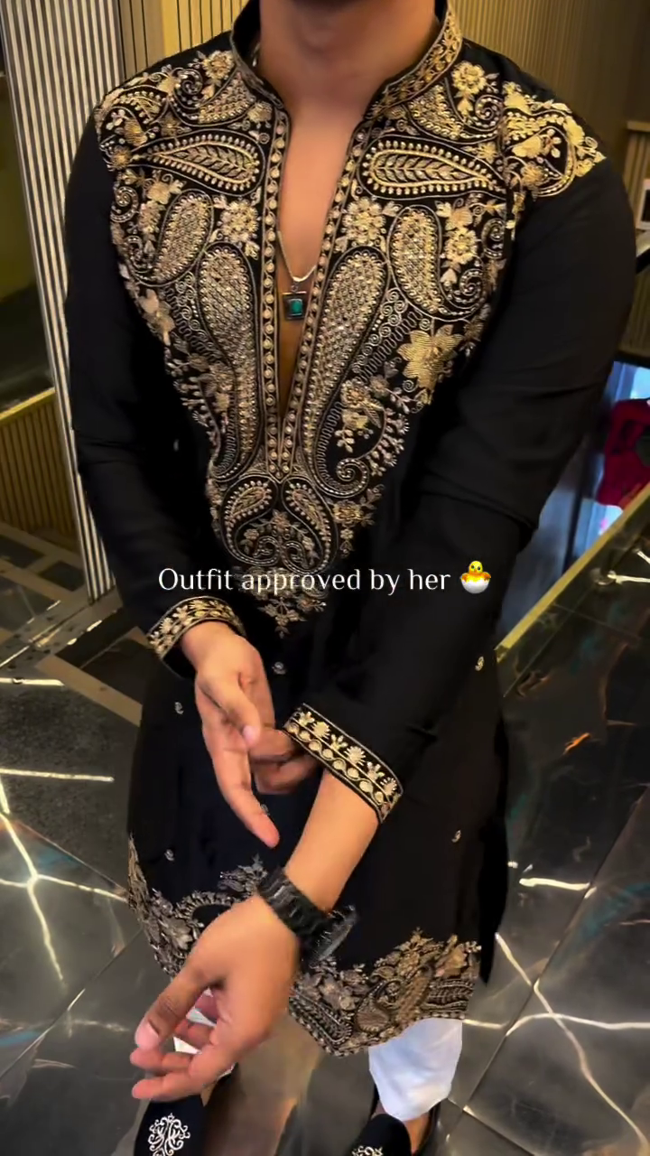 Elegant Black Embroidered Kurta with Premium Golden Paisley Detailing