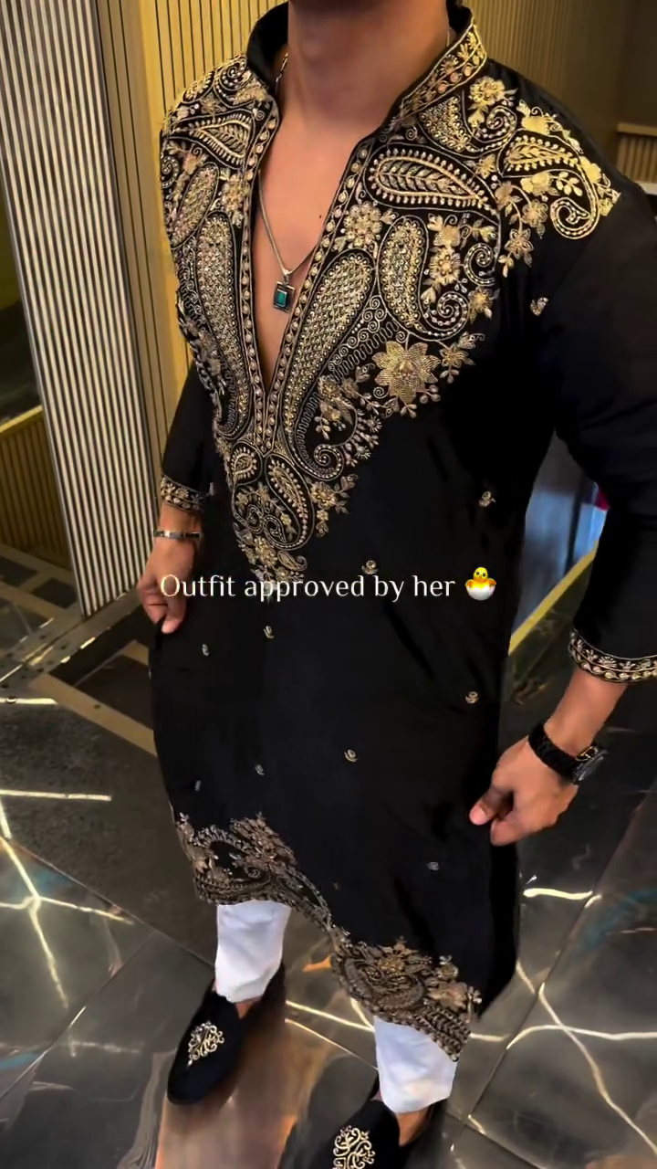 Elegant Black Embroidered Kurta with Premium Golden Paisley Detailing