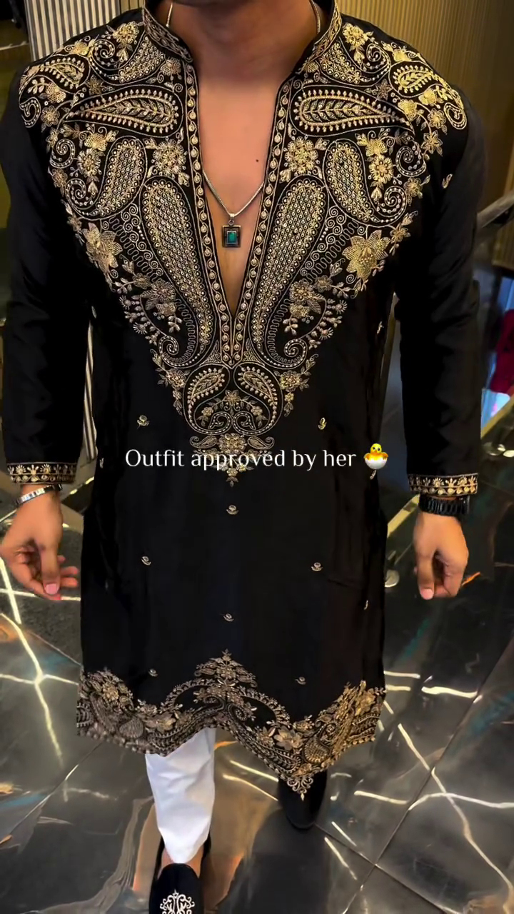 Elegant Black Embroidered Kurta with Premium Golden Paisley Detailing