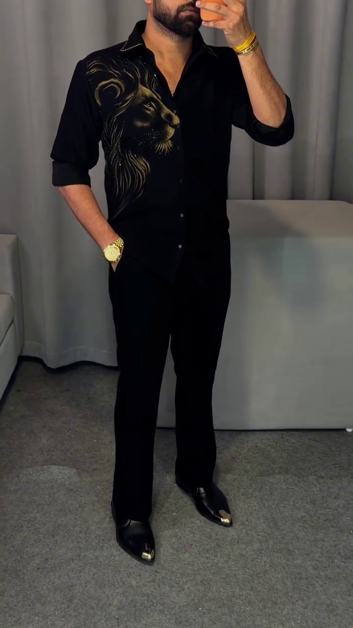 Premium Black Lion Graphic Shirt with Luxury Golden Detailing