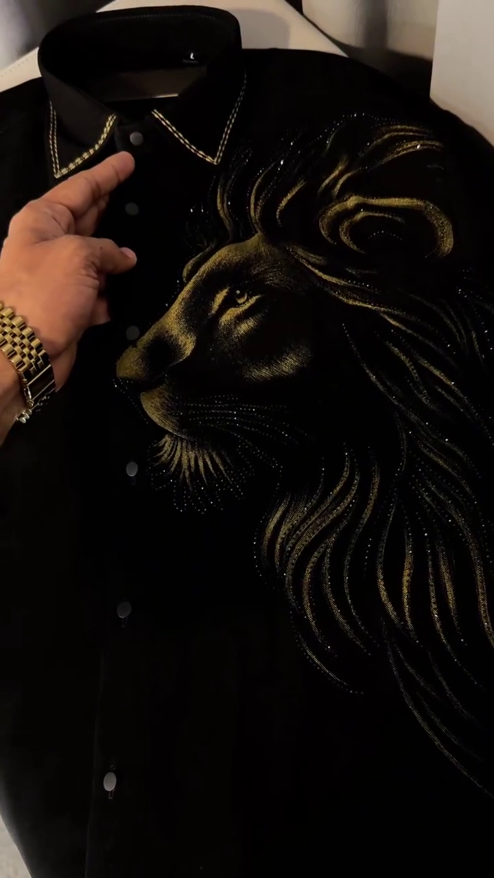 Premium Black Lion Graphic Shirt with Luxury Golden Detailing