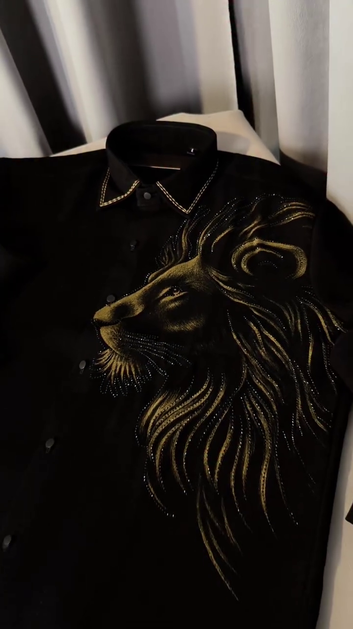 Premium Black Lion Graphic Shirt with Luxury Golden Detailing