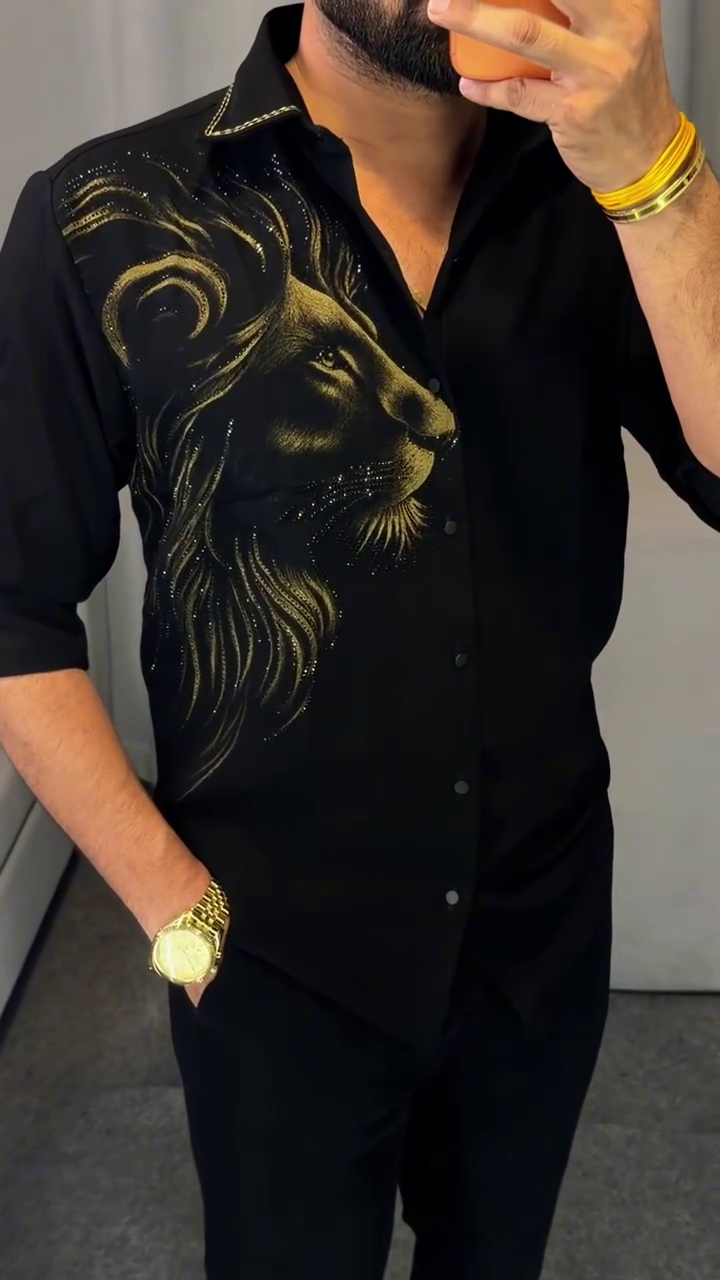 Premium Black Lion Graphic Shirt with Luxury Golden Detailing