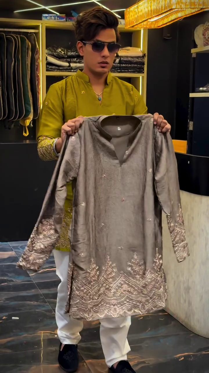 Elegant Grey Embroidered Kurta with Intricate Golden Border Detailing