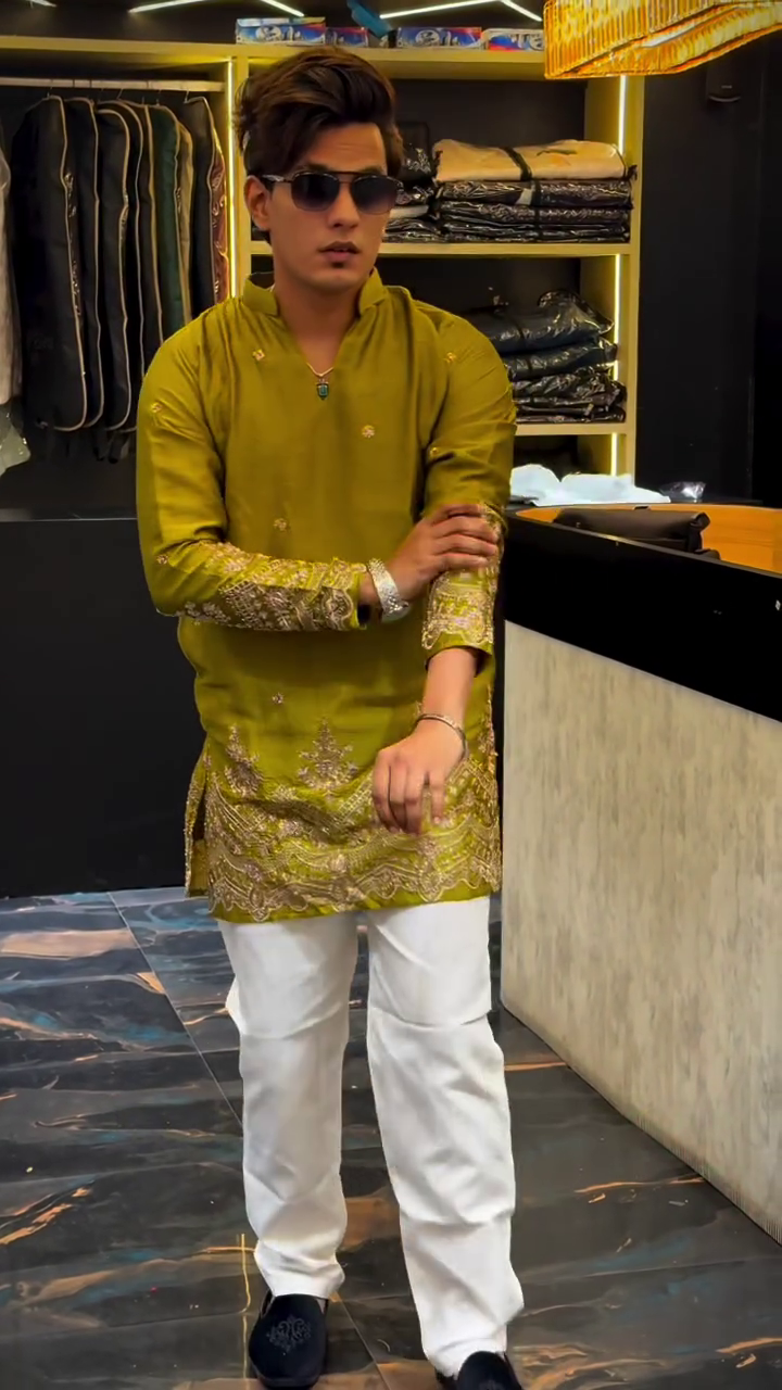 Elegant Grey Embroidered Kurta with Intricate Golden Border Detailing