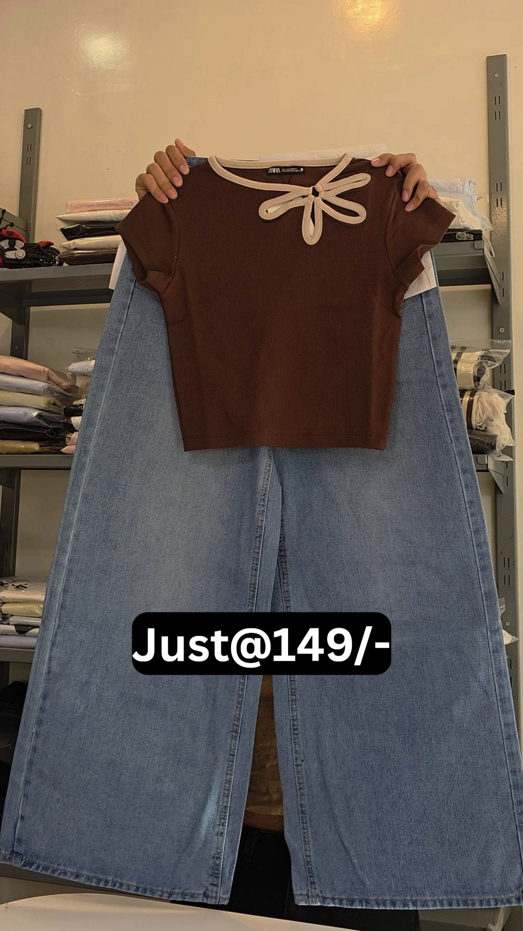 Trendy  Bow Detail Top with Wide-Leg Blue Denim Jeans
