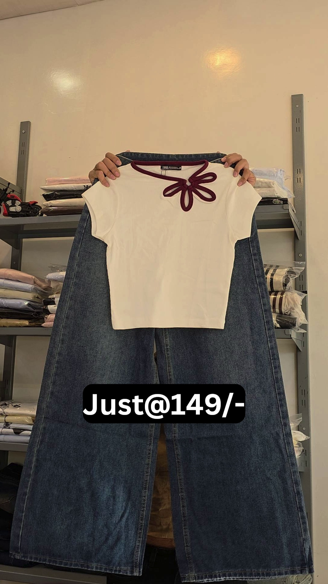 Trendy  Bow Detail Top with Wide-Leg Blue Denim Jeans