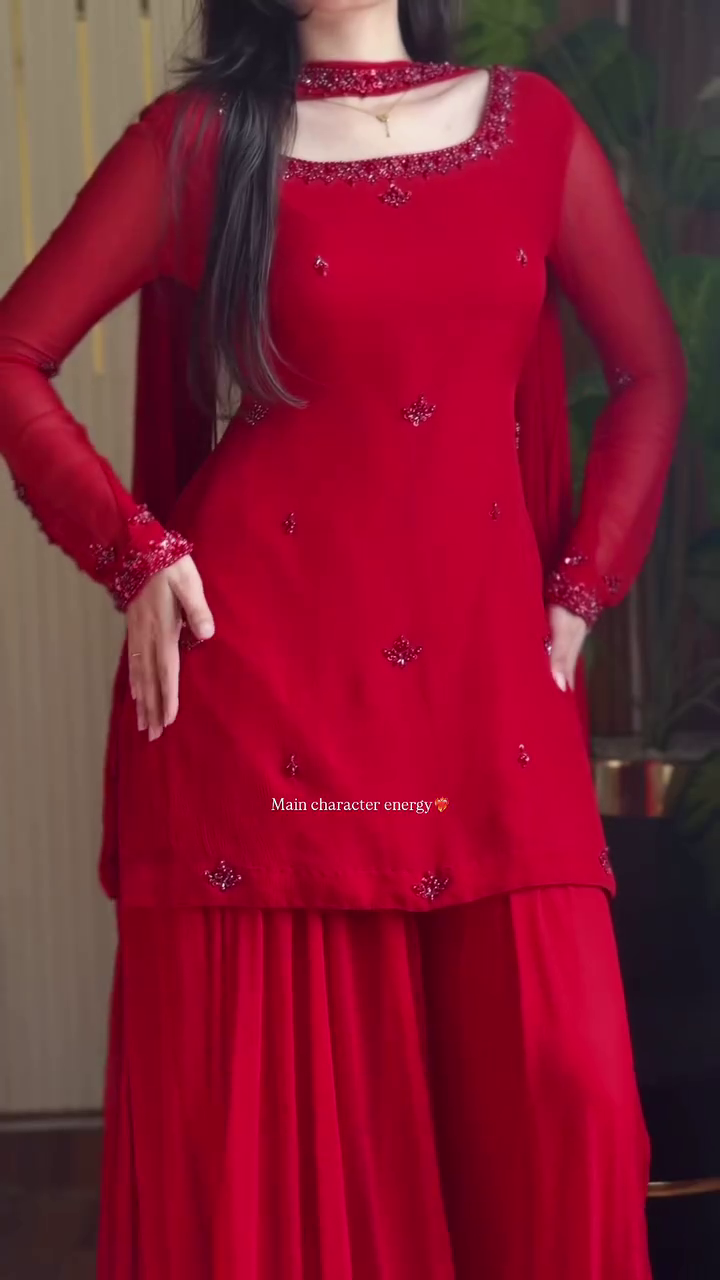 Stunning Red Embroidered Kurta with Palazzo Pants – Elegant Festive Ethnic Wear