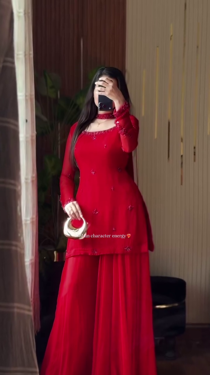 Stunning Red Embroidered Kurta with Palazzo Pants – Elegant Festive Ethnic Wear