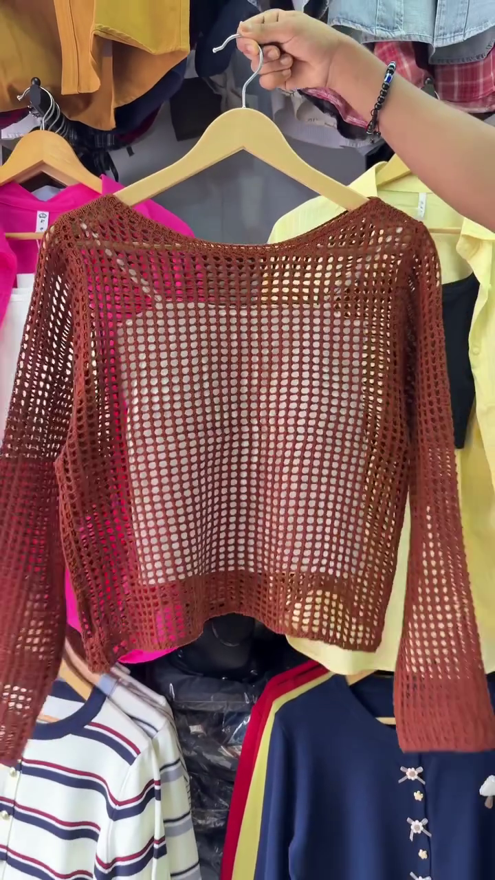 Trendy  Crochet Mesh Top for Women – Stylish Long-Sleeve Layering Outfit