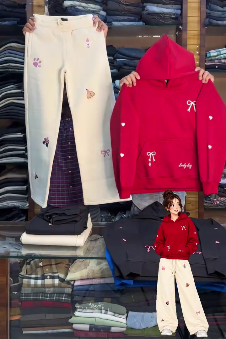 Cute  Hoodie & Wide-Leg Pants Co-Ord Set with Adorable Bow Prints – Trendy Casual Outfit for Girls