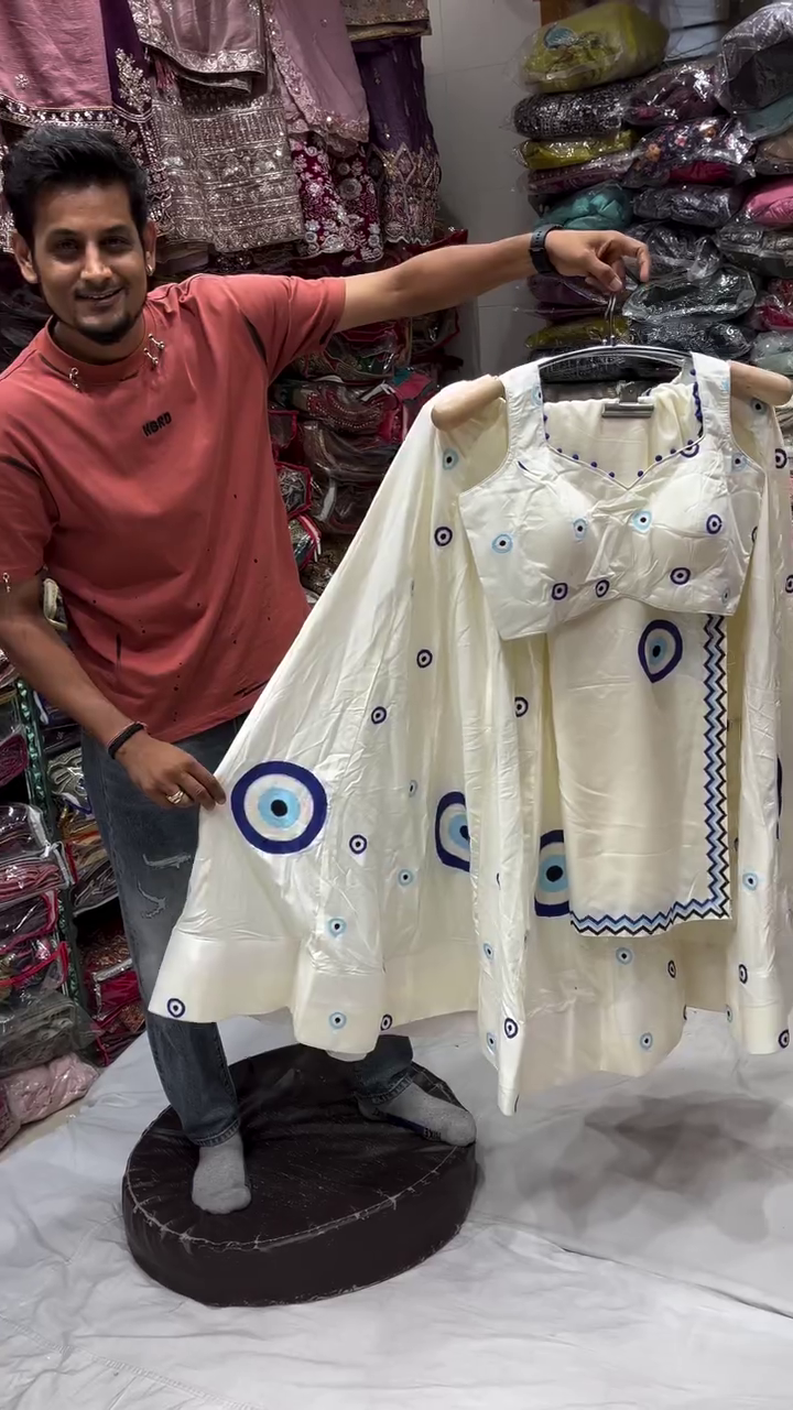 Elegant Cream Ethnic Kurta Set with Blue Circular Print & Matching Dupatta – Stylish Traditional Wear for Women