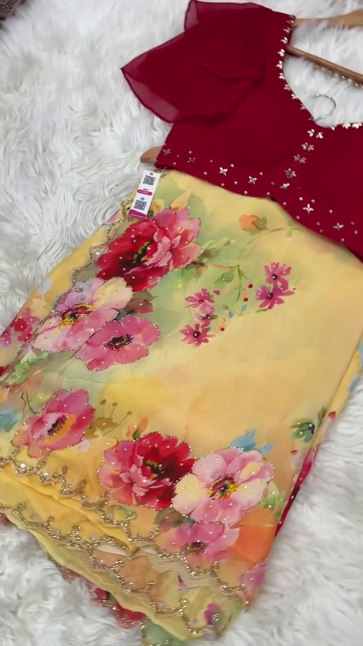 Elegant Red Designer Blouse with Floral Printed Lehenga – Festive & Glamorous Ethnic Wear