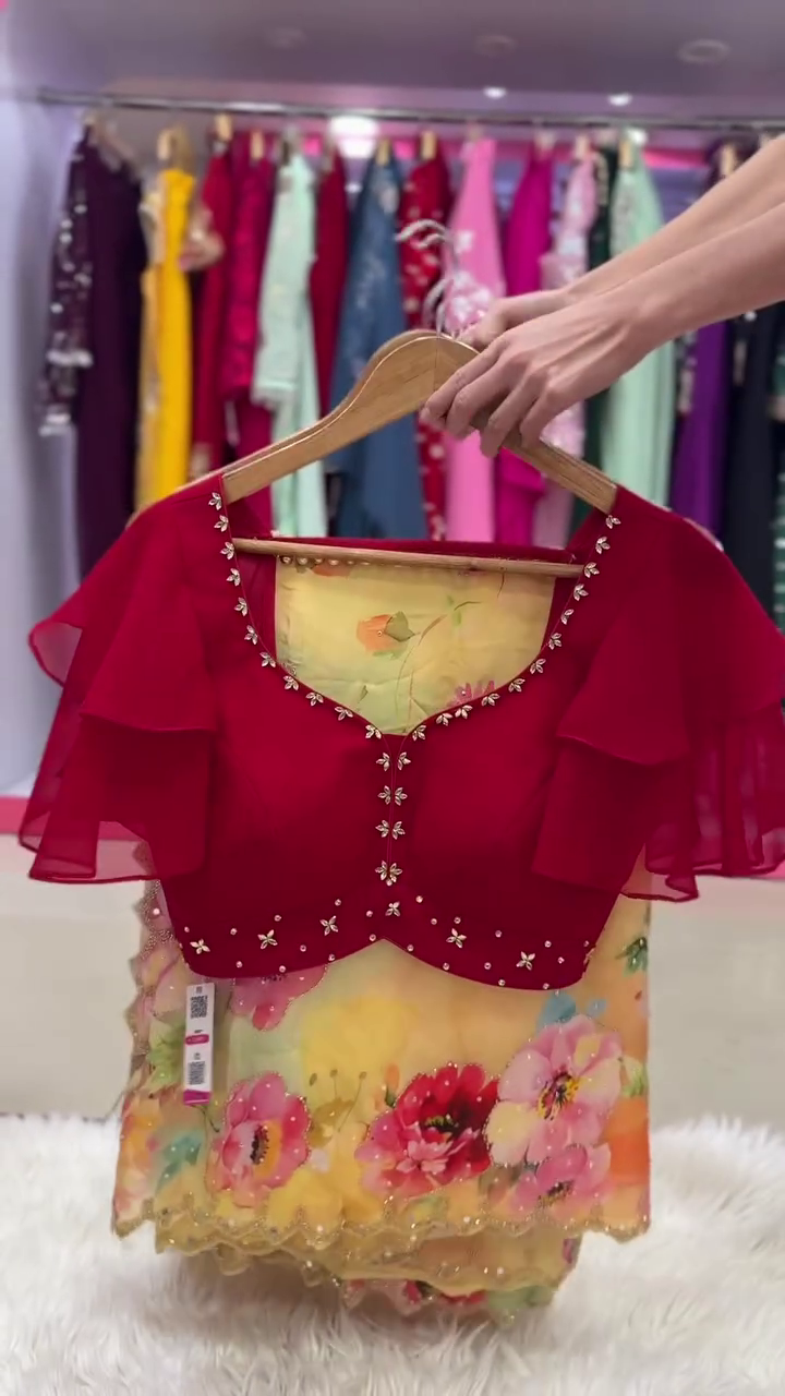 Elegant Red Designer Blouse with Floral Printed Lehenga – Festive & Glamorous Ethnic Wear