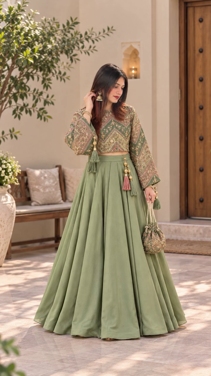 Elegant Sage Green Lehenga Set with Printed Crop Blouse – Graceful Ethnic Wear for Festive Occasions
