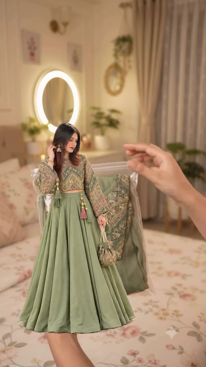 Elegant Sage Green Lehenga Set with Printed Crop Blouse – Graceful Ethnic Wear for Festive Occasions