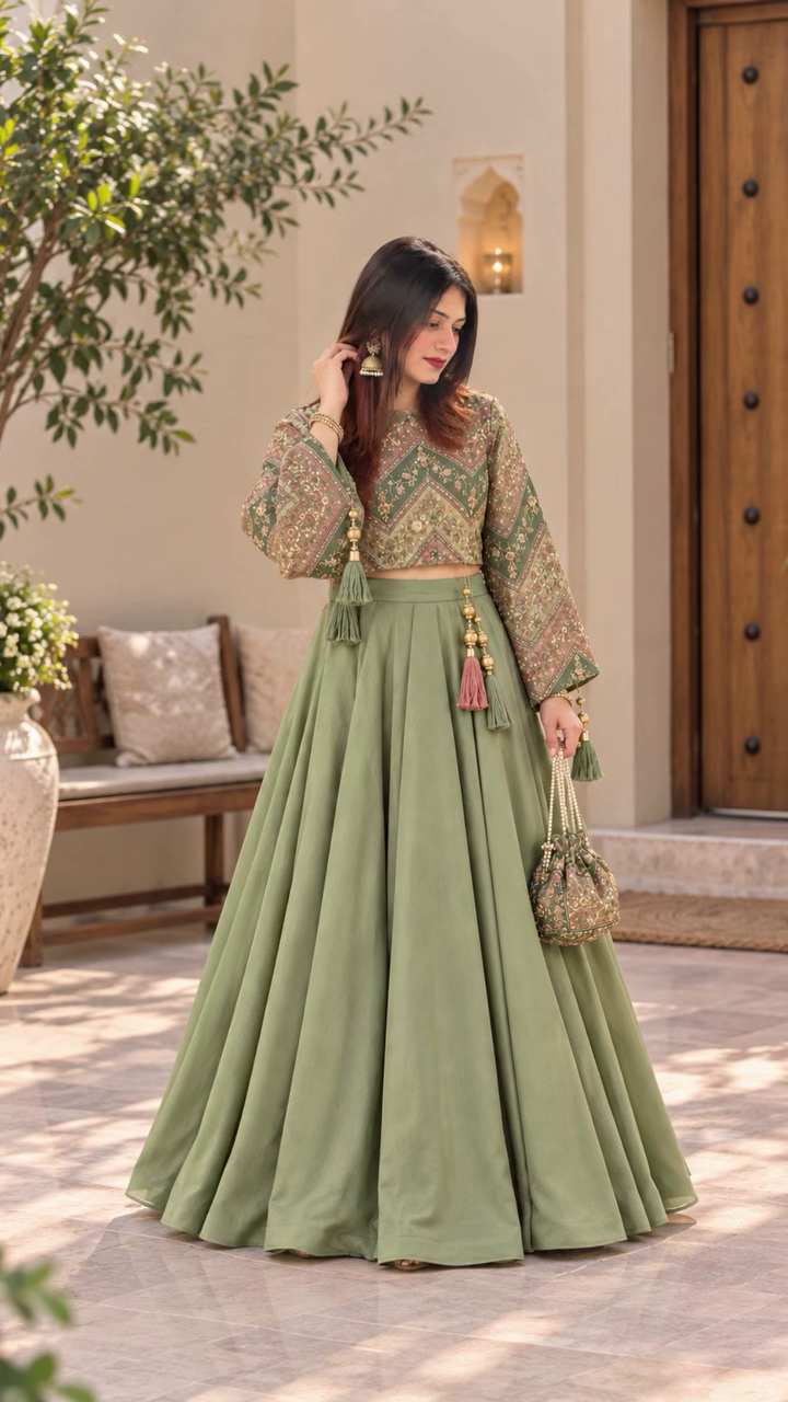 Elegant Sage Green Lehenga Set with Printed Crop Blouse – Graceful Ethnic Wear for Festive Occasions