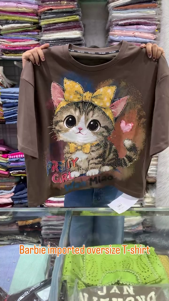 Stylish Barbie Imported Oversized T-Shirt with Cute Kitty Print – Trendy Casual Wear for Girls