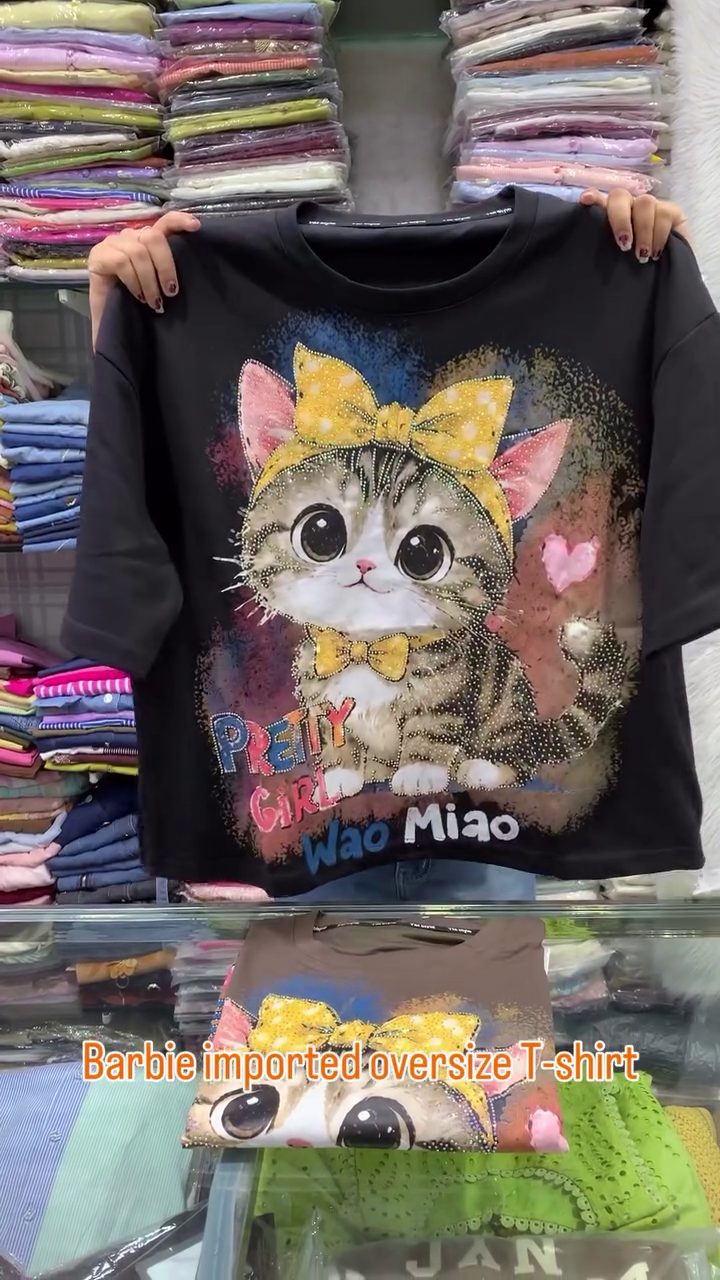 Stylish Barbie Imported Oversized T-Shirt with Cute Kitty Print – Trendy Casual Wear for Girls