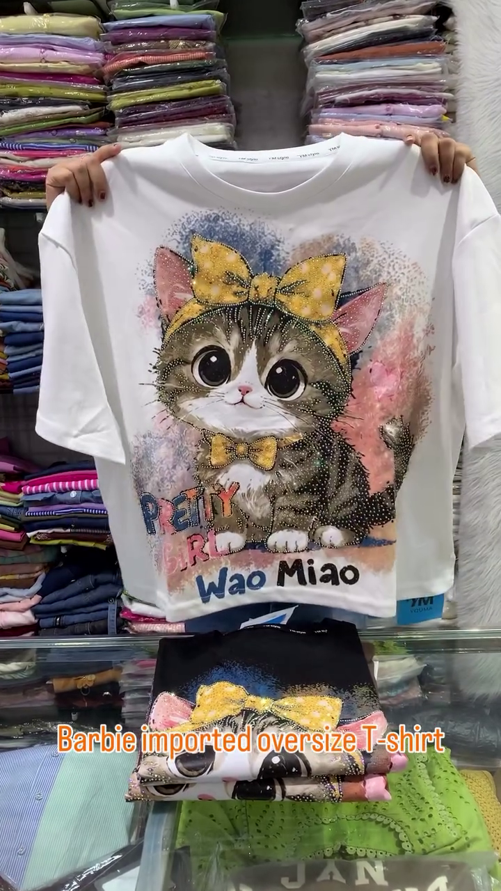Stylish Barbie Imported Oversized T-Shirt with Cute Kitty Print – Trendy Casual Wear for Girls