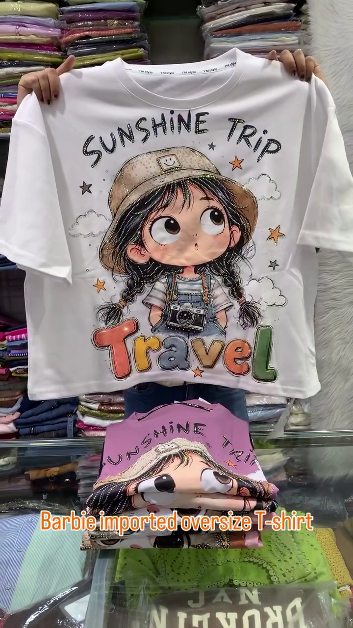 Stylish Barbie Imported Oversized T-Shirt with Cute Kitty Print – Trendy Casual Wear for Girls