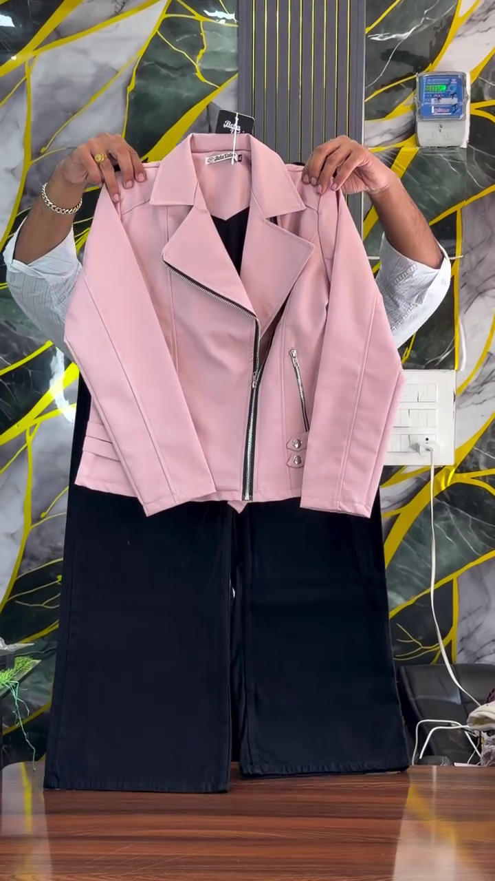 Stylish Pink Biker Jacket with Black Wide-Leg Pants – Trendy Women's Fashion Outfit