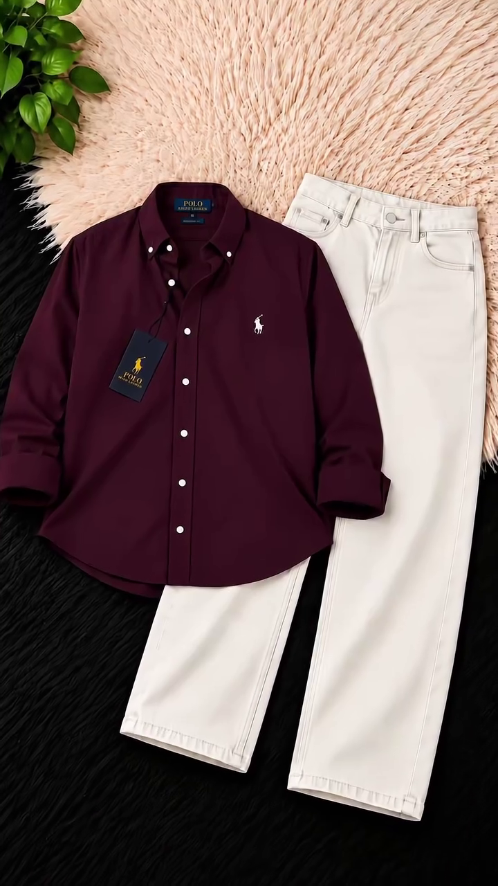 remium Burgundy Men's Casual Shirt with Light Blue Jeans – Stylish Everyday Fashion