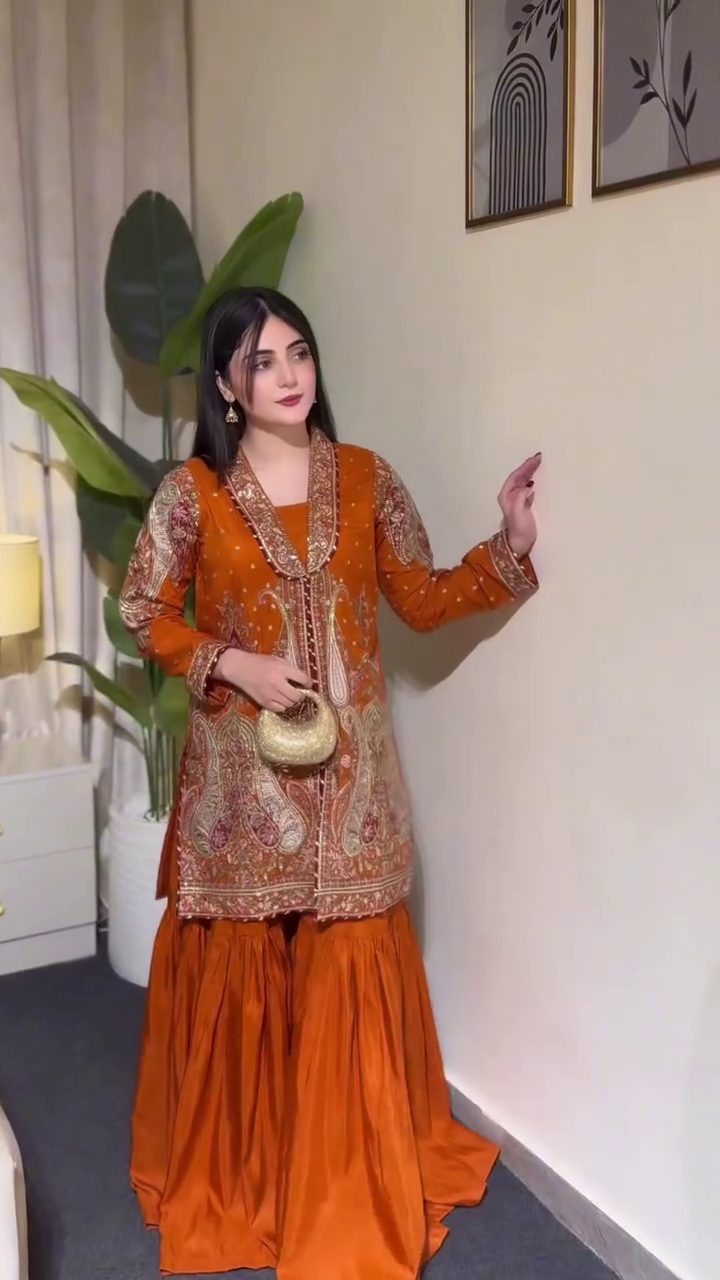 Elegant Rust Orange Embroidered Sharara Suit for Women – Premium Festive Ethnic Wear