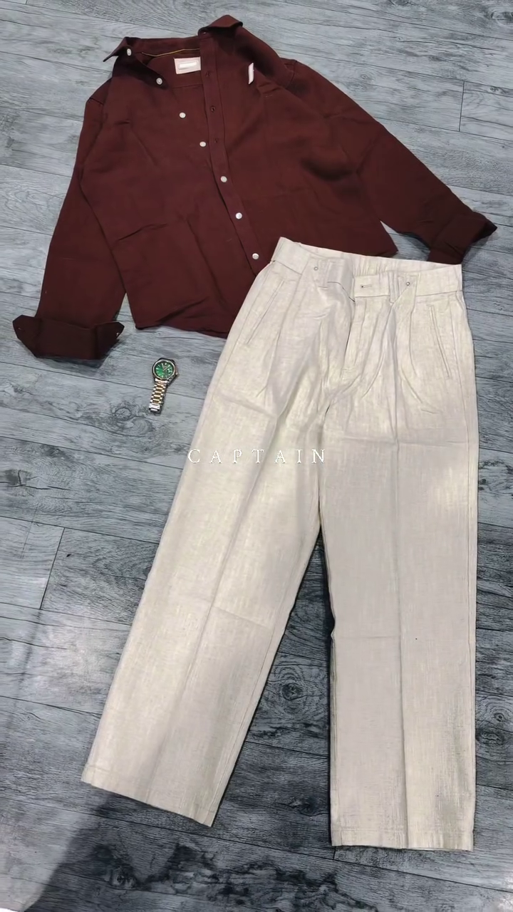 Elegant Maroon Button-Down Shirt with Cream Wide-Leg Trousers for Men – A Sophisticated Smart-Casual Outfit for Modern Minimalist Fashion
