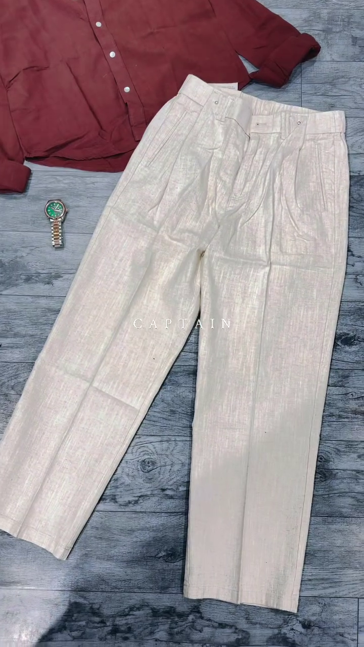 Elegant Maroon Button-Down Shirt with Cream Wide-Leg Trousers for Men – A Sophisticated Smart-Casual Outfit for Modern Minimalist Fashion