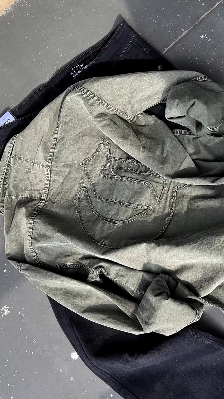 Trendy Olive Green Washed Shirt with Classic Black Jeans for Men – A Perfect Blend of Rugged Streetwear, Minimalist Style, and Modern Casual Fashion