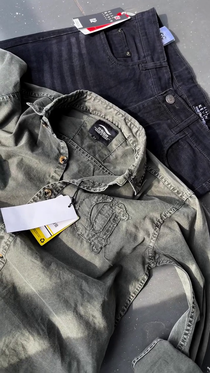 Trendy Olive Green Washed Shirt with Classic Black Jeans for Men – A Perfect Blend of Rugged Streetwear, Minimalist Style, and Modern Casual Fashion