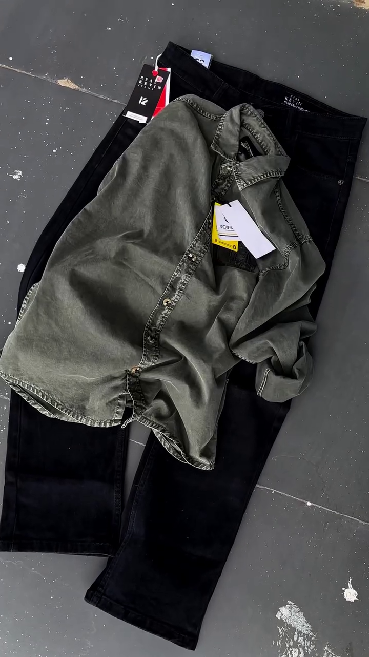 Trendy Olive Green Washed Shirt with Classic Black Jeans for Men – A Perfect Blend of Rugged Streetwear, Minimalist Style, and Modern Casual Fashion
