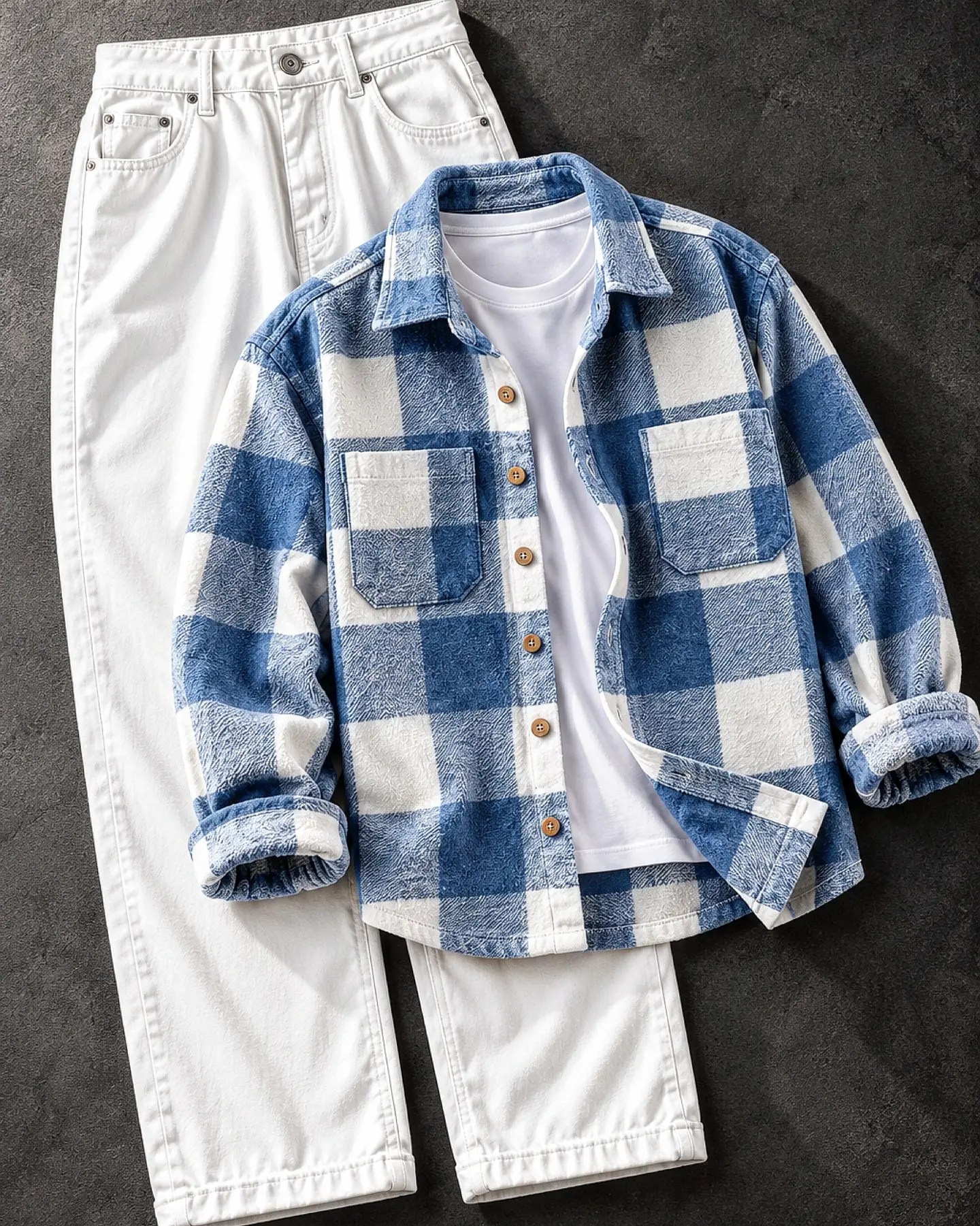 Trendy  Checkered Overshirt with White T-Shirt and White Jeans for Men – A Perfect Casual Streetwear Outfit for a Fresh, Modern Look