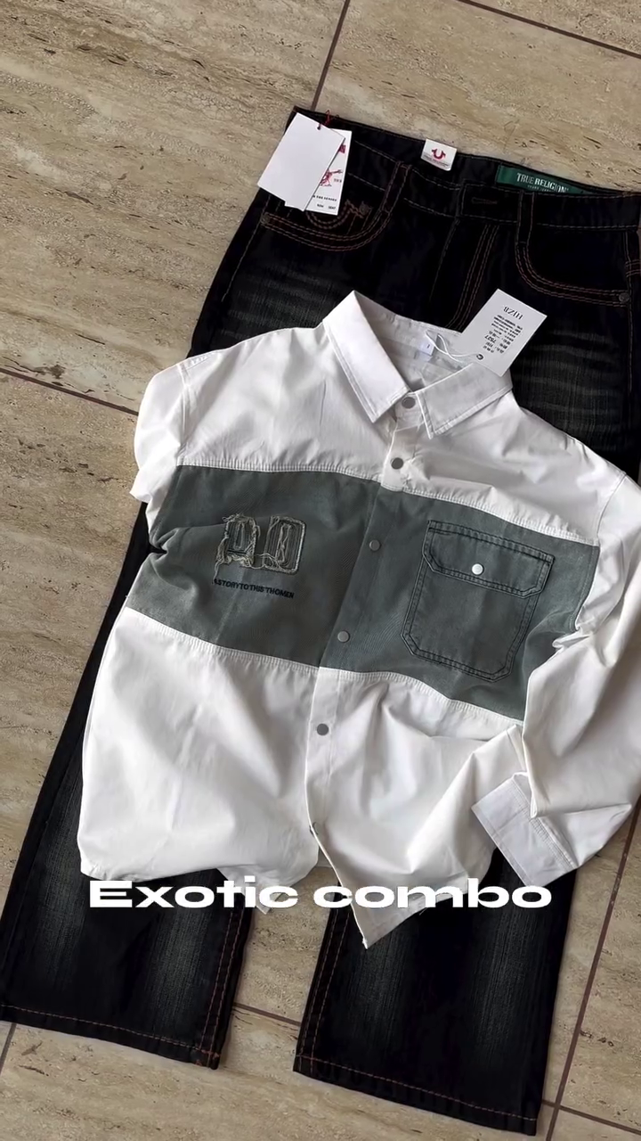 Stylish White and Grey Color-Block Shirt with Black Jeans – A Trendy Casual Outfit for Men