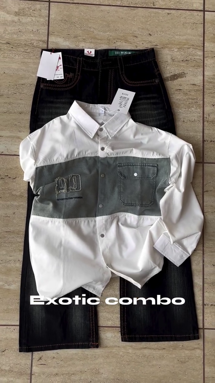 Stylish White and Grey Color-Block Shirt with Black Jeans – A Trendy Casual Outfit for Men