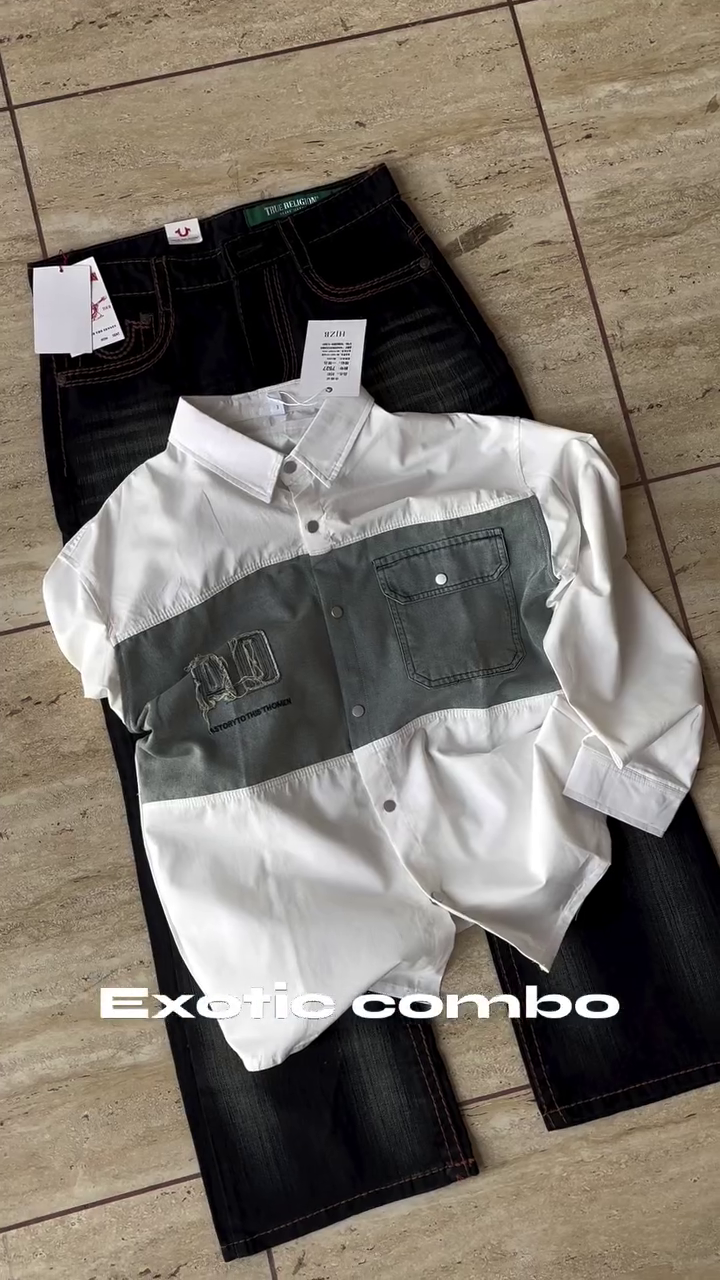Stylish White and Grey Color-Block Shirt with Black Jeans – A Trendy Casual Outfit for Men