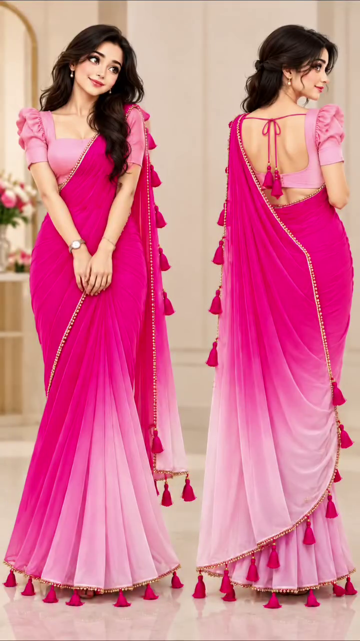 Stunning Purple Ombre Saree with Golden Pearl Border – Elegant Traditional Glamour for Every Special Occasion
