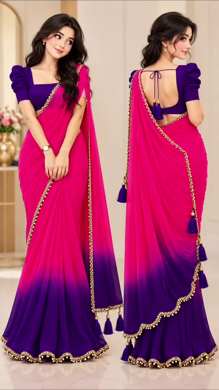 Stunning Purple Ombre Saree with Golden Pearl Border – Elegant Traditional Glamour for Every Special Occasion