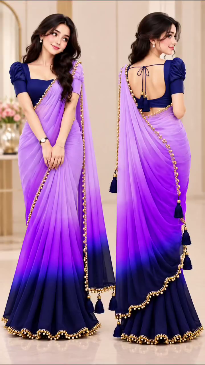 Stunning Purple Ombre Saree with Golden Pearl Border – Elegant Traditional Glamour for Every Special Occasion