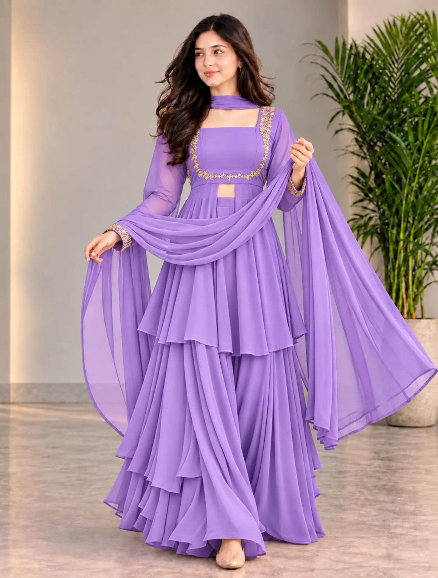 Elegant   Anarkali Gown with Golden Embroidery, Layered Flared Design and Matching Dupatta for Festive and Wedding Occasions