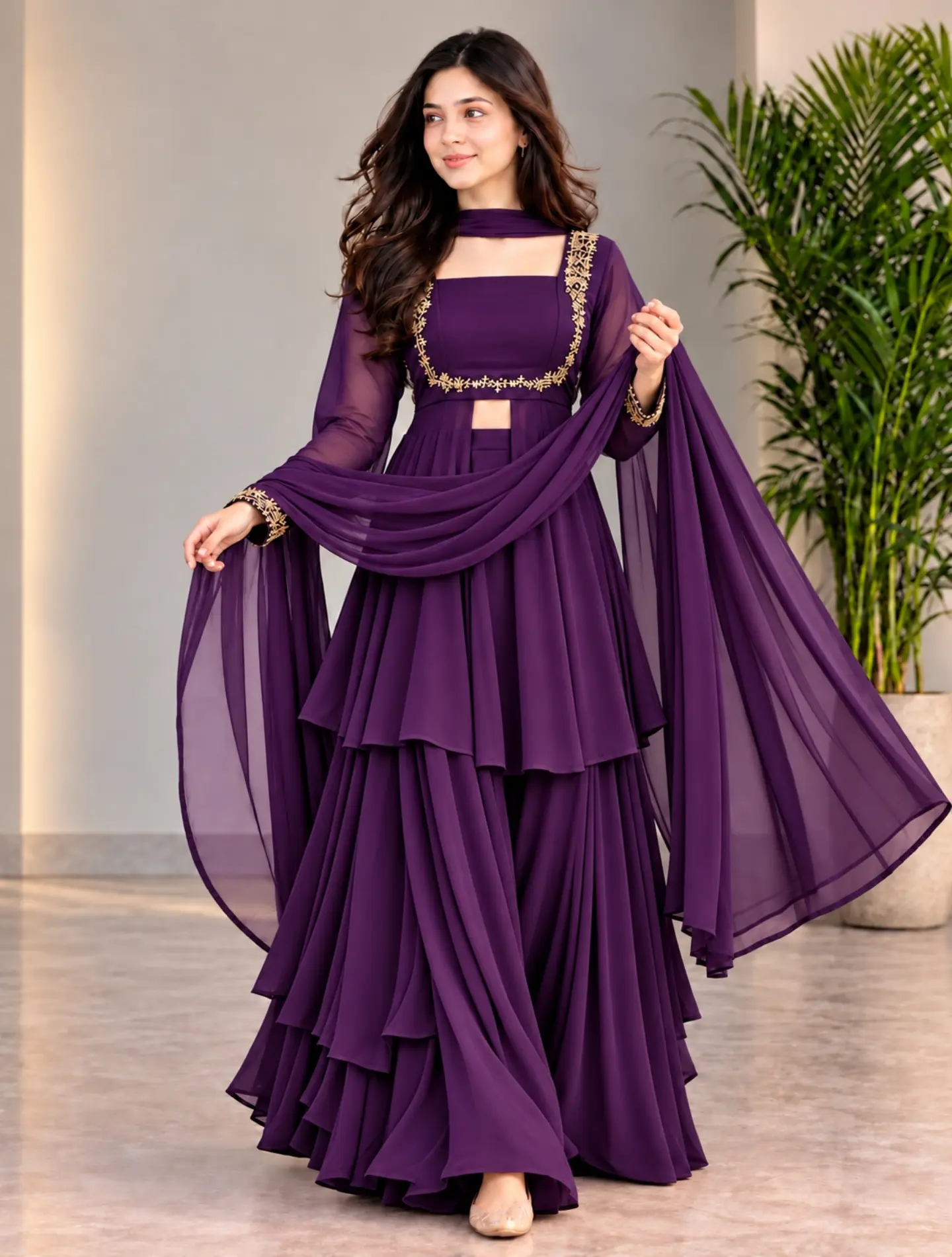 Elegant   Anarkali Gown with Golden Embroidery, Layered Flared Design and Matching Dupatta for Festive and Wedding Occasions