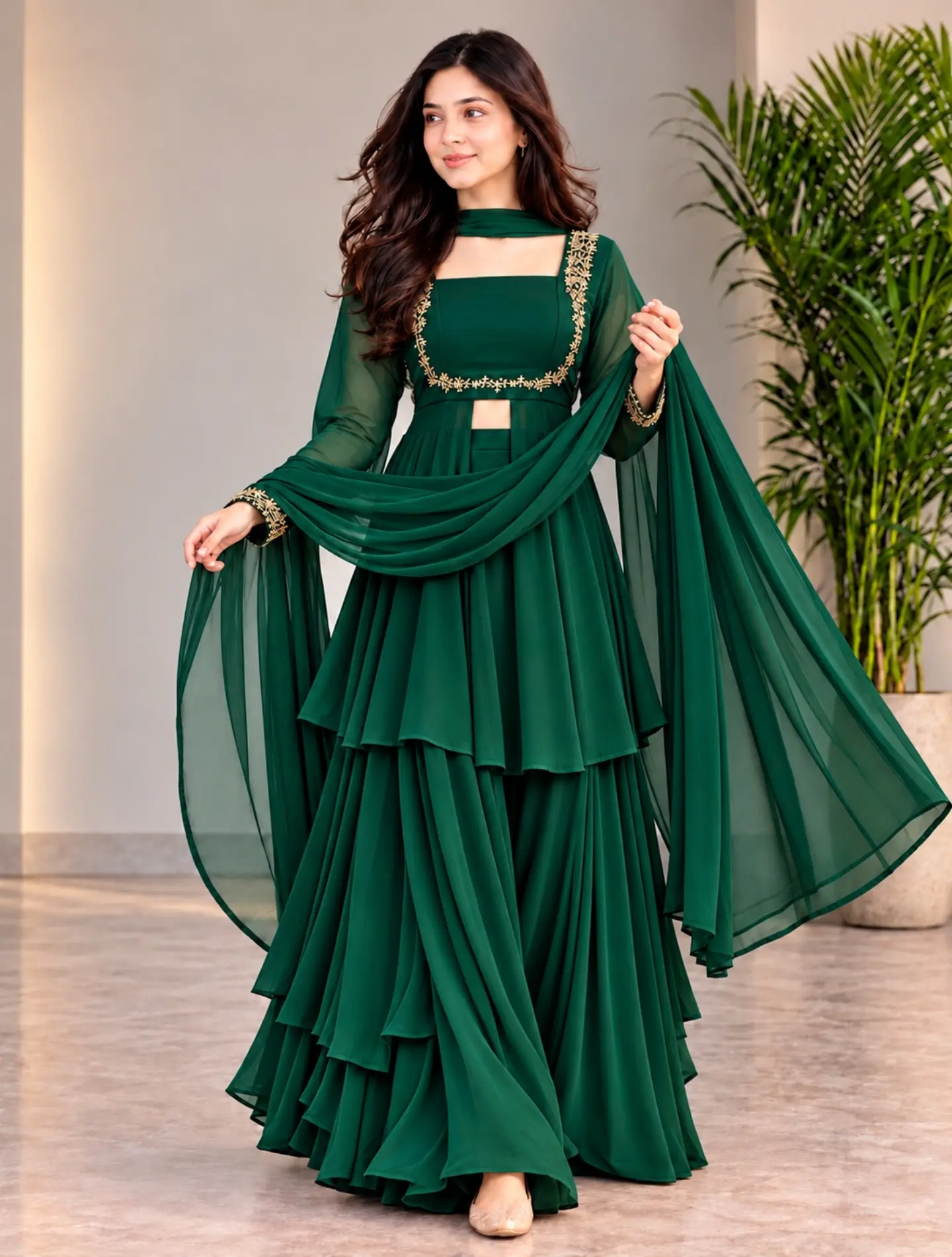 Elegant   Anarkali Gown with Golden Embroidery, Layered Flared Design and Matching Dupatta for Festive and Wedding Occasions
