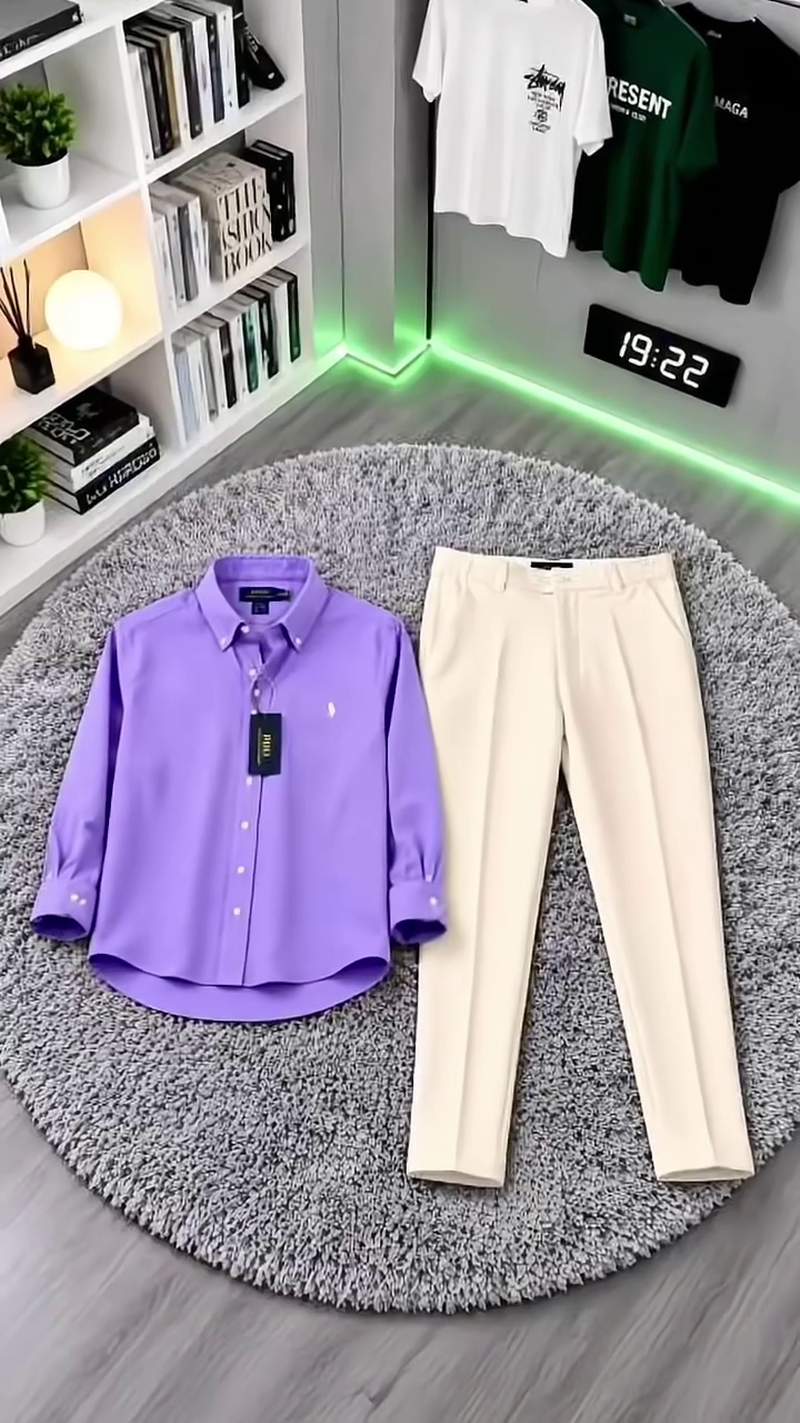 Elegant Men's  Button-Down Shirt with Cream Formal Trousers – A Stylish Smart Casual and Office Wear Outfit for Modern Men