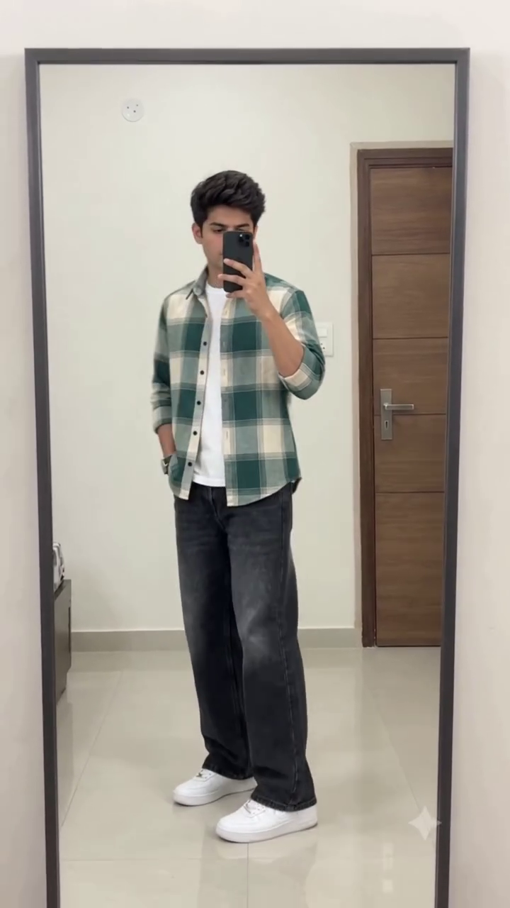 Stylish Men's Green and Beige Oversized Checked Shirt with White Inner T-Shirt and Black Wide-Leg Jeans for a Trendy Casual Look