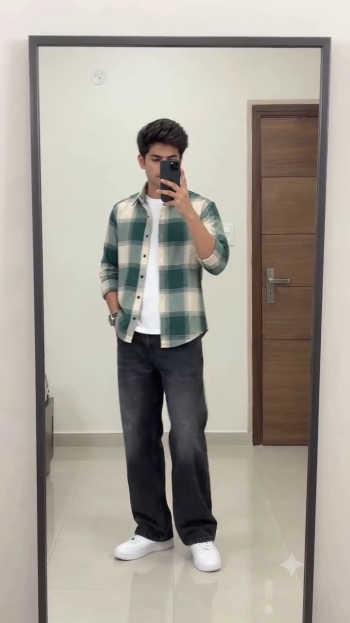 Stylish Men's Green and Beige Oversized Checked Shirt with White Inner T-Shirt and Black Wide-Leg Jeans for a Trendy Casual Look