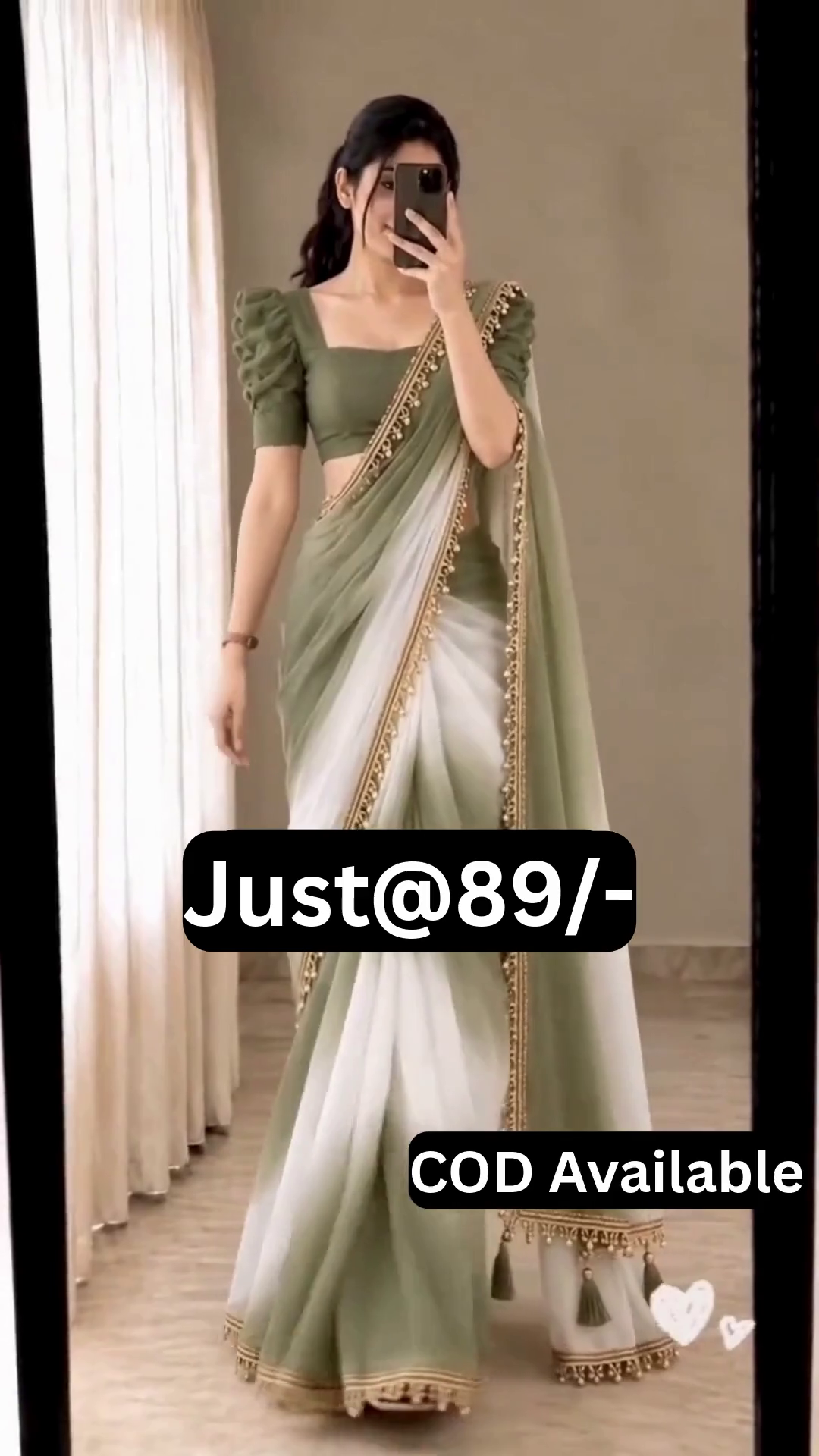 Elegant Olive Green and White Ombre Saree with Luxurious Golden Embroidered Border and Stylish Puff Sleeve Blouse for Weddings, Festivals, Parties, and Traditional Celebrations